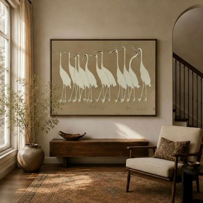 Japanese white cranes procession canvas art displayed in warm neutral living room entryway above walnut console