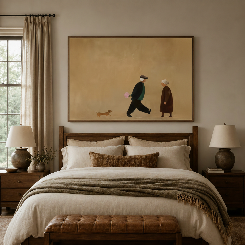 Minimalist couple walking dachshund folk art canvas wall art displayed above warm bedroom headboard