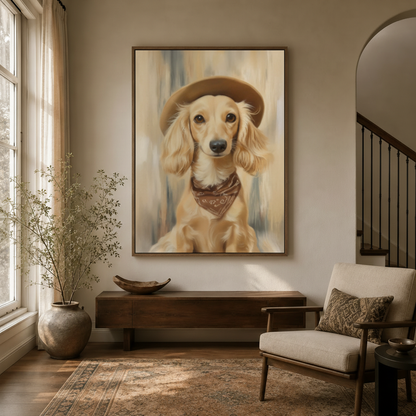 Dachshund cowboy hat realistic portrait canvas wall art in dark walnut float frame above entryway console with dried branches