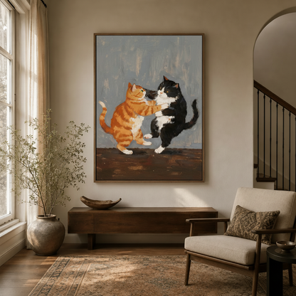 Two cats fighting canvas art displayed in a warm entryway beside a dark wood console table