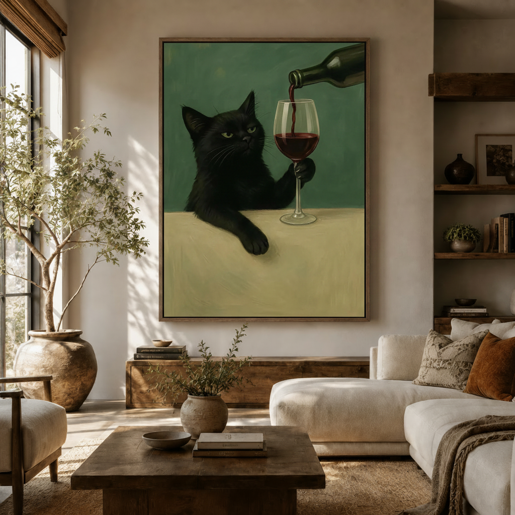 Large vintage black cat oil painting canvas above a cream sofa in a bright earthy living room with natural light