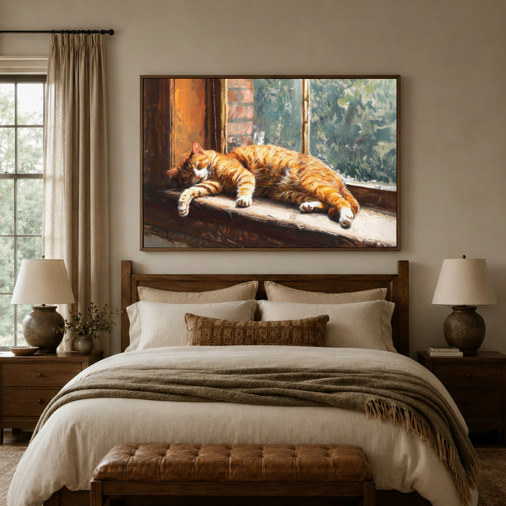 Orange tabby cat sleeping window impressionist canvas wall art above walnut headboard in warm cream bedroom