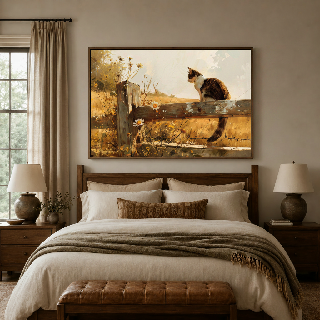 Cat on fence golden meadow impressionist canvas wall art above walnut headboard in warm cream bedroom