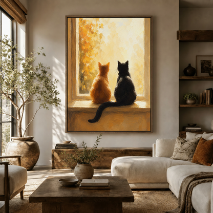 Two cats autumn window impressionist oil painting canvas art displayed in bright modern living room