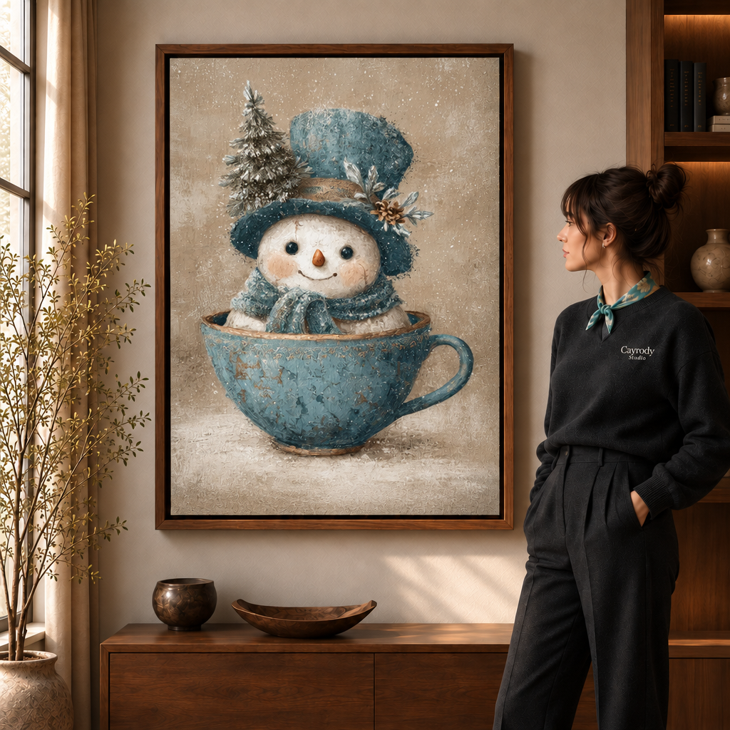 Whimsical snowman teacup canvas art in a walnut frame beside a woman wearing a scarf.