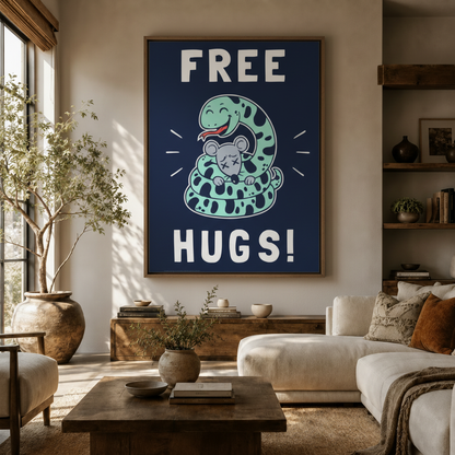 Funny Free Hugs snake canvas print displayed above console in warm Japandi living room