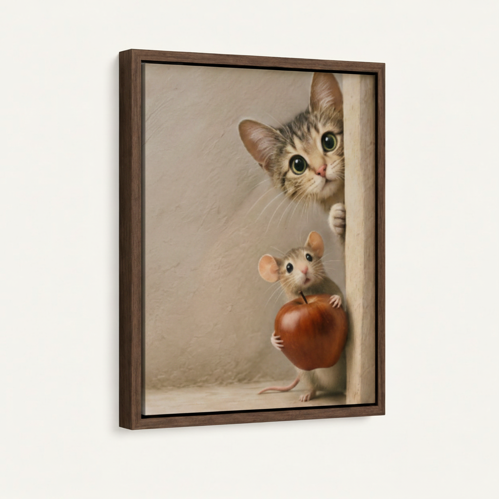 Whimsical cat and mouse canvas in dark walnut float frame, angled product view on white wall background