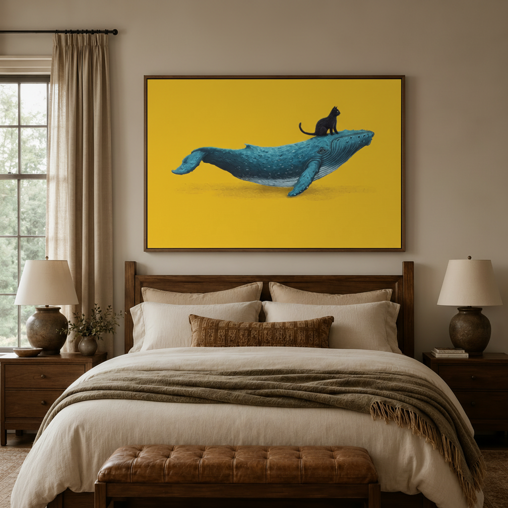 Black cat on whale surrealist yellow canvas wall art displayed above cozy neutral bedroom headboard