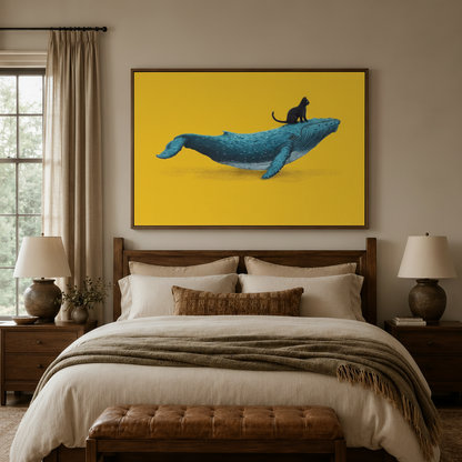 Black cat on whale surrealist yellow canvas wall art displayed above cozy neutral bedroom headboard