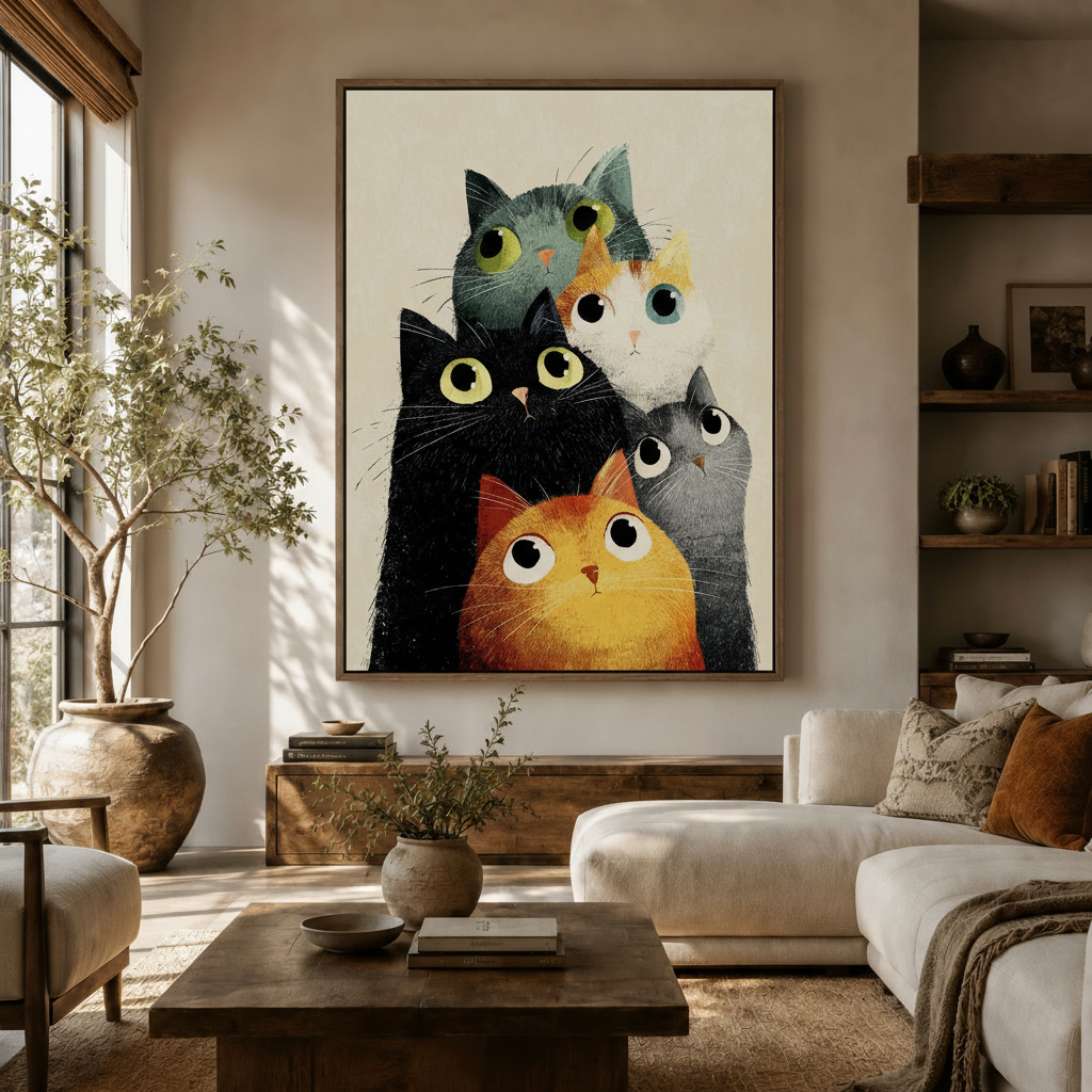 Whimsical cat gang watercolor canvas displayed above sideboard in warm neutral boho living room