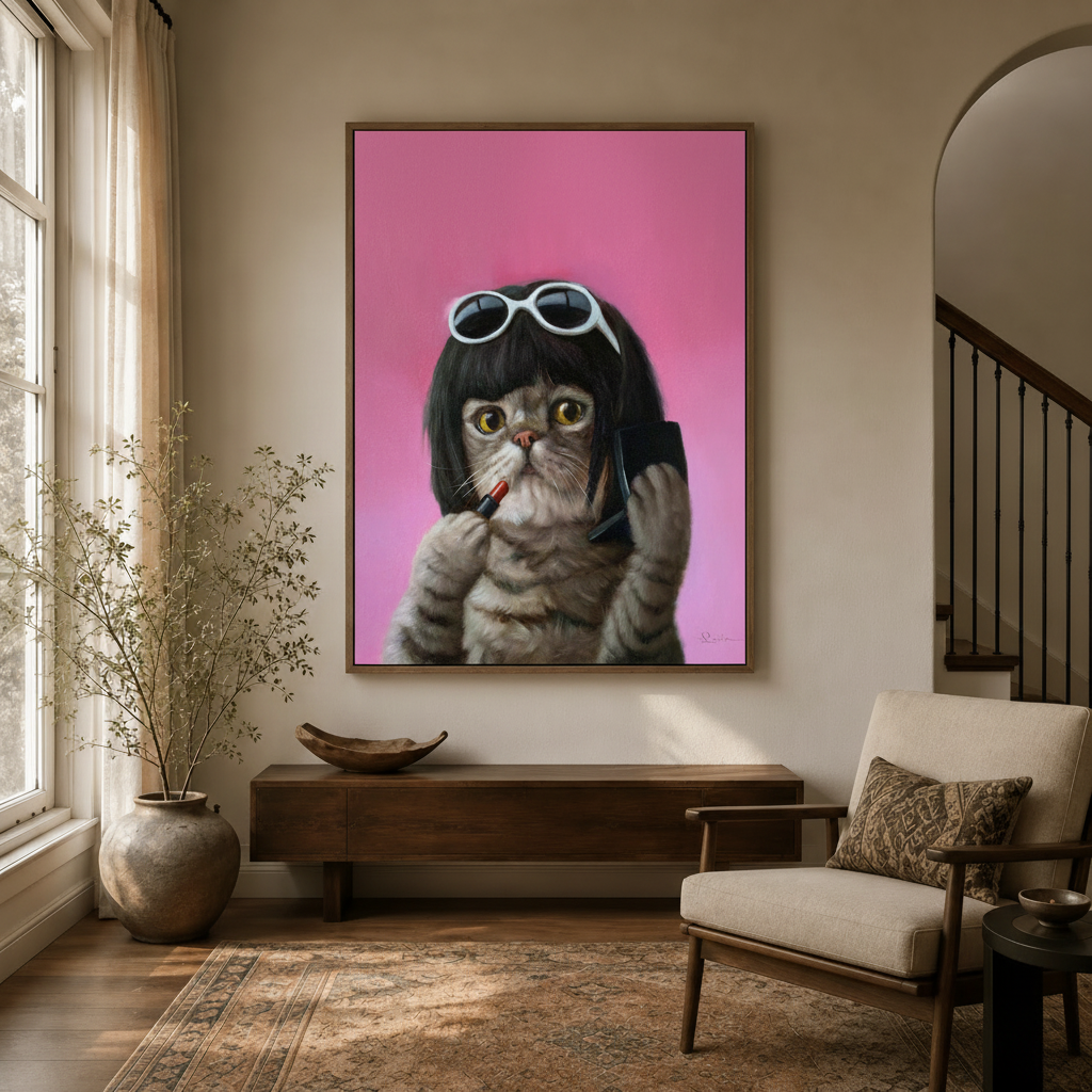 Glamour cat lipstick oil painting wall art in dark float frame displayed in a warm entryway above console