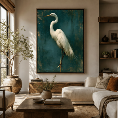 Oversized vintage egret canvas wall art hanging in a warm neutral living room with natural light