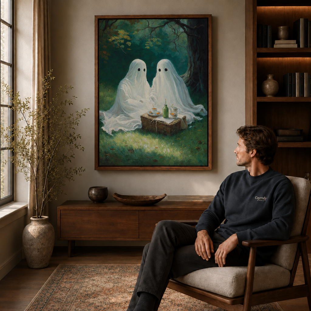 Close view of a haunting window ghost canvas painting with deep shadows and expressive, moody brushwork.