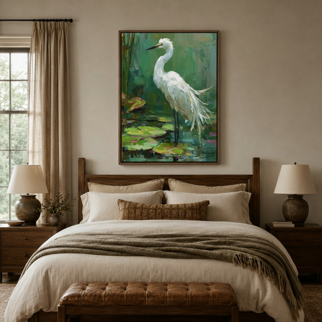 White egret lily pond impasto canvas wall art displayed in cozy bedroom above dark walnut headboard