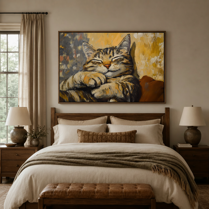 Tabby cat paws tucked impressionist canvas in walnut float frame above neutral linen bedroom headboard