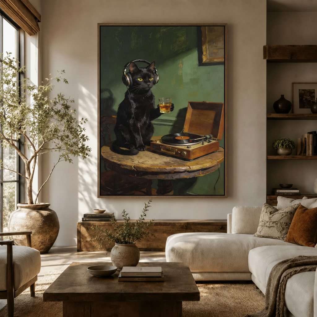 Moody black cat whiskey vinyl canvas print in dark float frame in warm organic modern living room