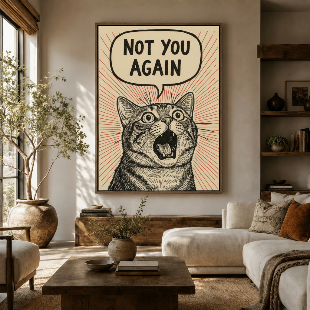 "Not You Again" funny cat woodcut canvas print displayed in warm living room above sideboard