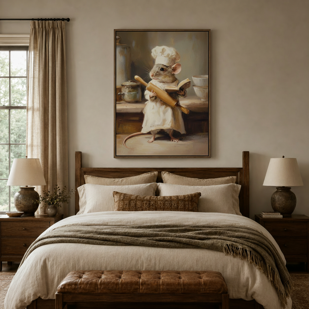 Whimsical chef mouse classical canvas wall art hanging above bed in cozy bedroom interior