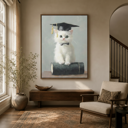 Vintage scholar kitten canvas wall art in floater frame displayed in warm neutral entryway