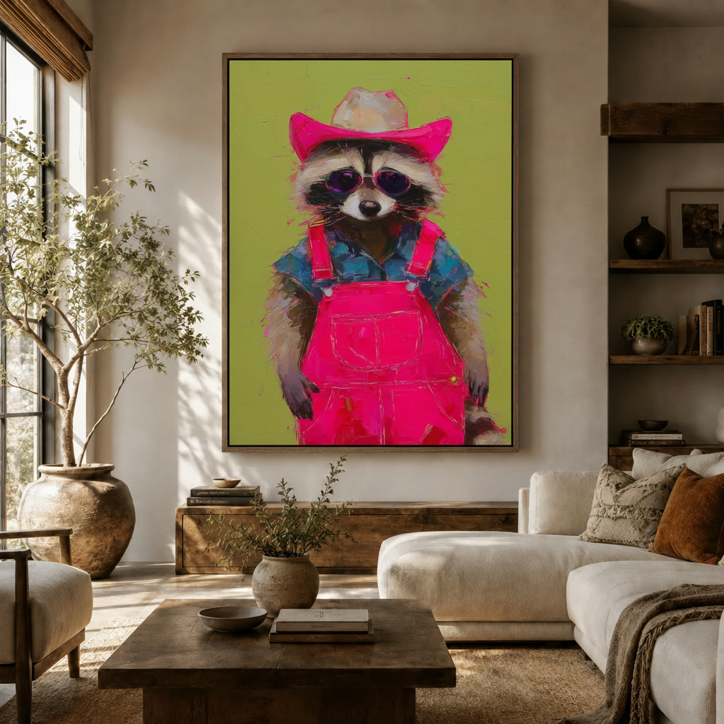 Whimsical raccoon wall art with lime green background displayed above living room sofa