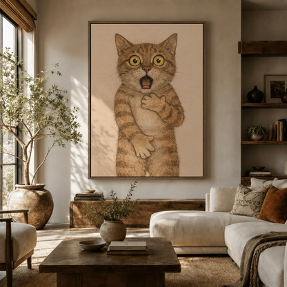 Funny surprised cat portrait canvas wall art displayed above sideboard in warm living room