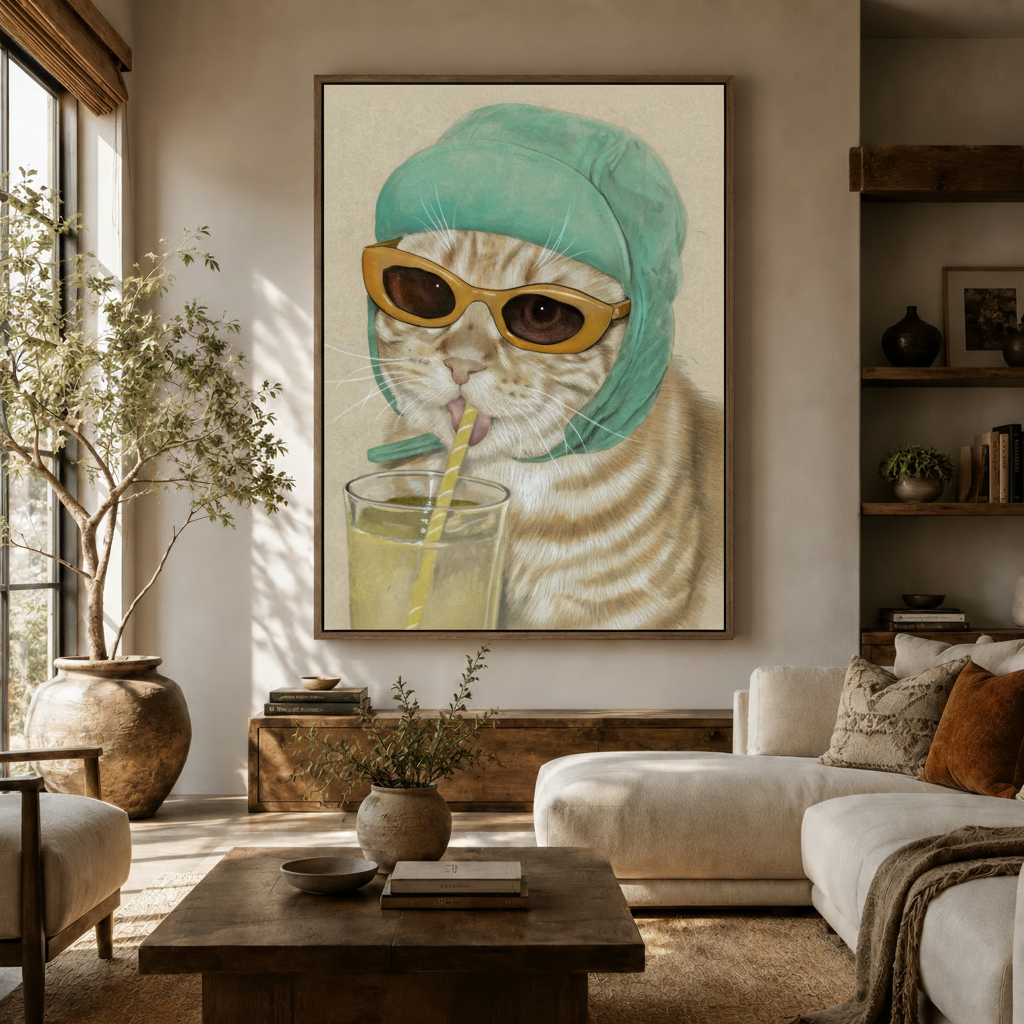 Funny cat sunglasses canvas print displayed above console in a warm neutral living room