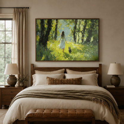 Moonlit coastal night impressionist canvas wall art in walnut float frame above bedroom headboard