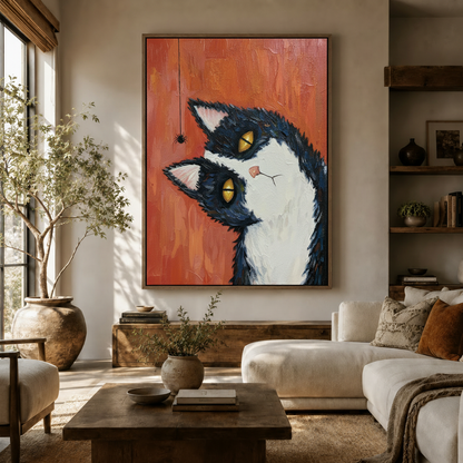 Tuxedo cat oil painting canvas in warm living room with white sofa and olive tree
