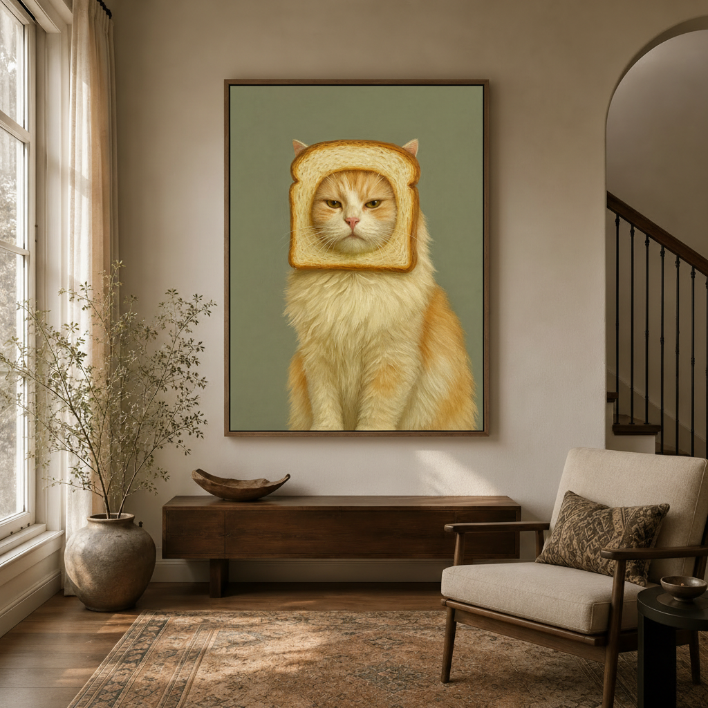 Humorous orange tabby cat portrait canvas hanging in entryway decor