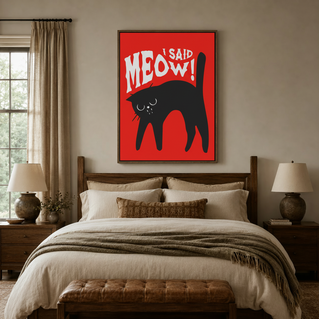  I said meow black cat pop art canvas wall art displayed above bed in warm neutral bedroom