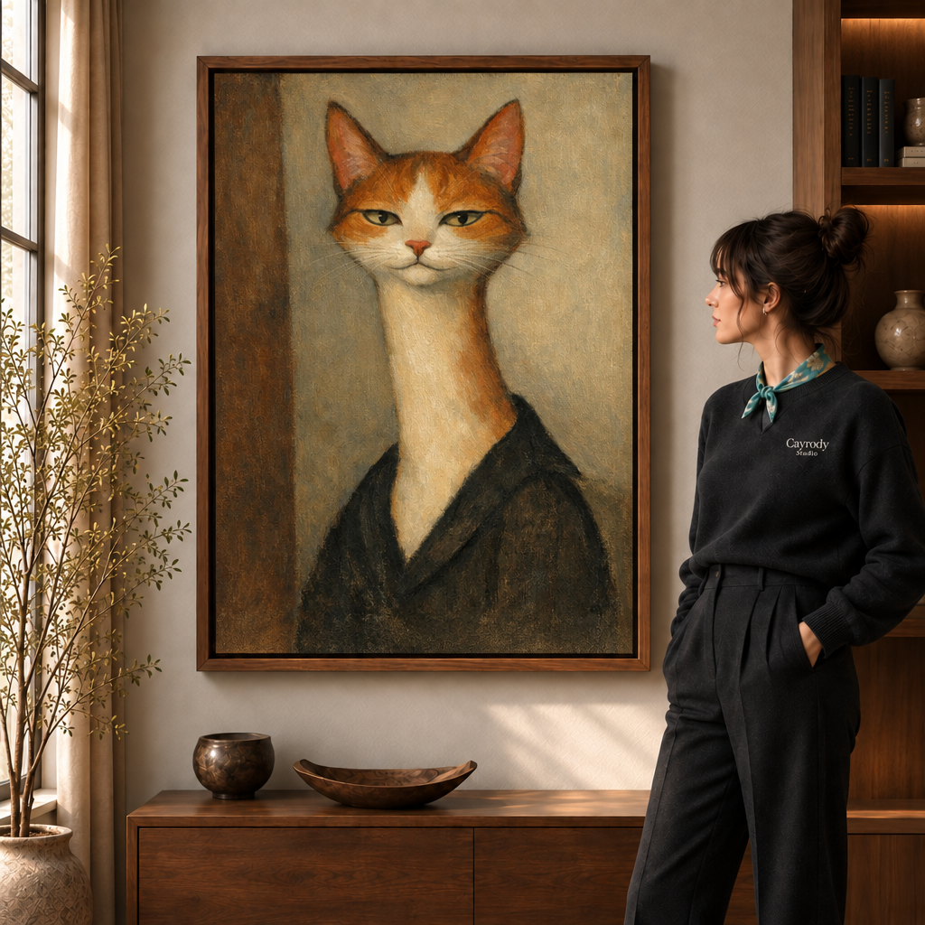 Walnut framed orange cat portrait canvas styled in a sunlit contemporary living room
