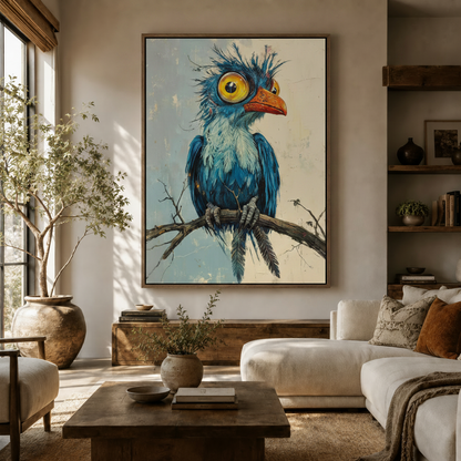 Quirky blue bird canvas wall art with big yellow eyes displayed above a wooden sideboard in a bright living room