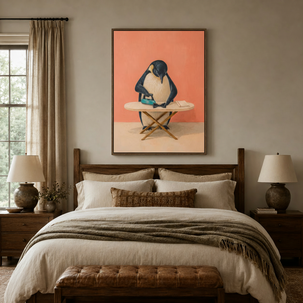 Whimsical penguin ironing a bow tie canvas print displayed in a cozy bedroom above the headboard