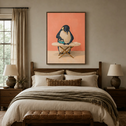 Whimsical penguin ironing a bow tie canvas print displayed in a cozy bedroom above the headboard