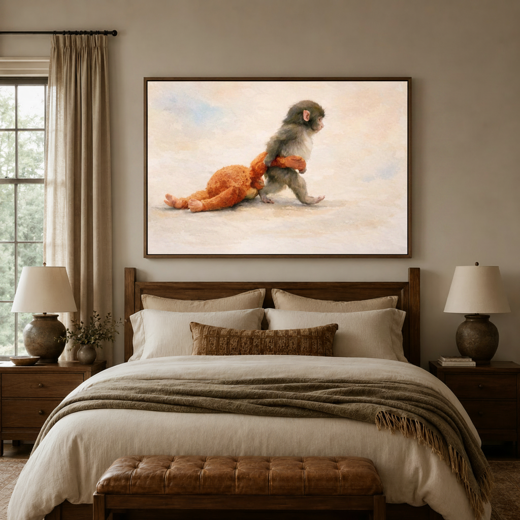 Baby monkey orange star pajamas classical realist canvas wall art above warm neutral bedroom headboard