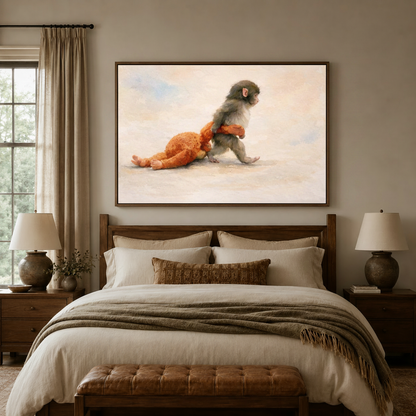 Baby monkey orange star pajamas classical realist canvas wall art above warm neutral bedroom headboard