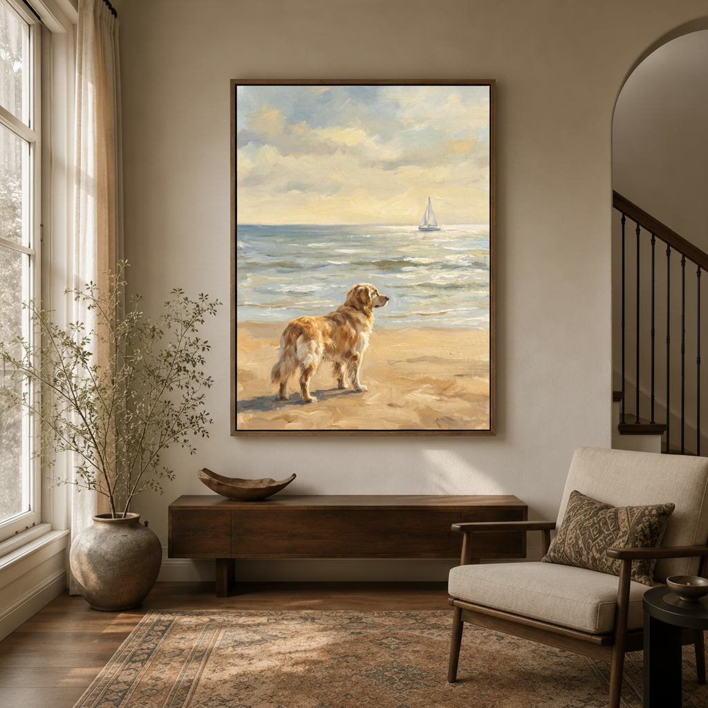 Golden retriever beach canvas wall art in walnut floater frame hung in warm neutral foyer entryway