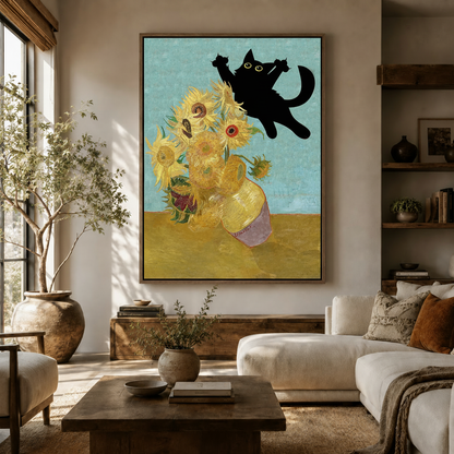 Funny black cat leaping over Van Gogh sunflowers canvas art in modern farmhouse living room