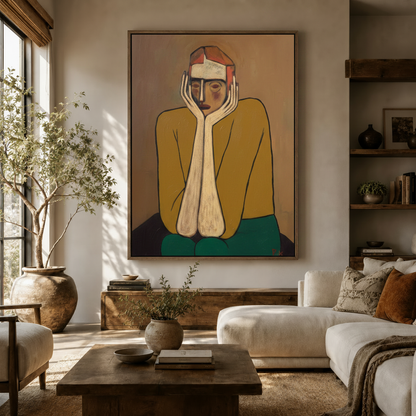 Pensive figure expressionist oil painting canvas art in dark walnut frame above console in warm living room