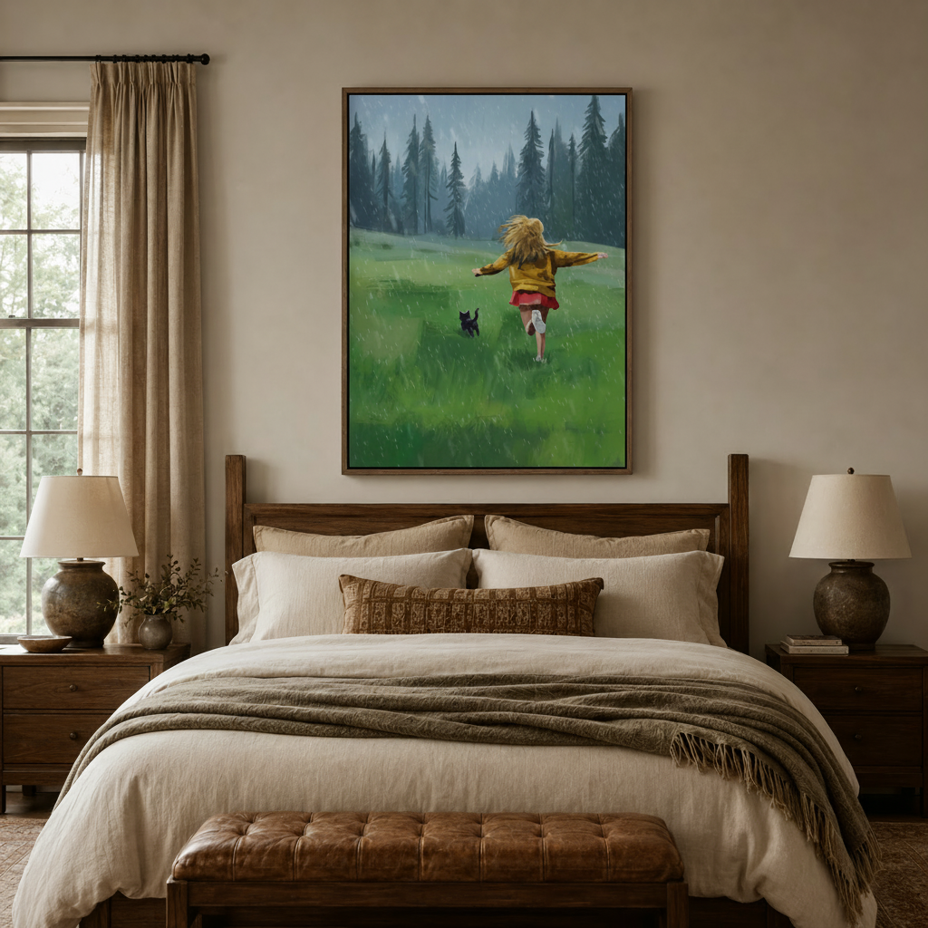 Girl running rain meadow black cat canvas in dark walnut float frame, portrait orientation, 3/4 angle