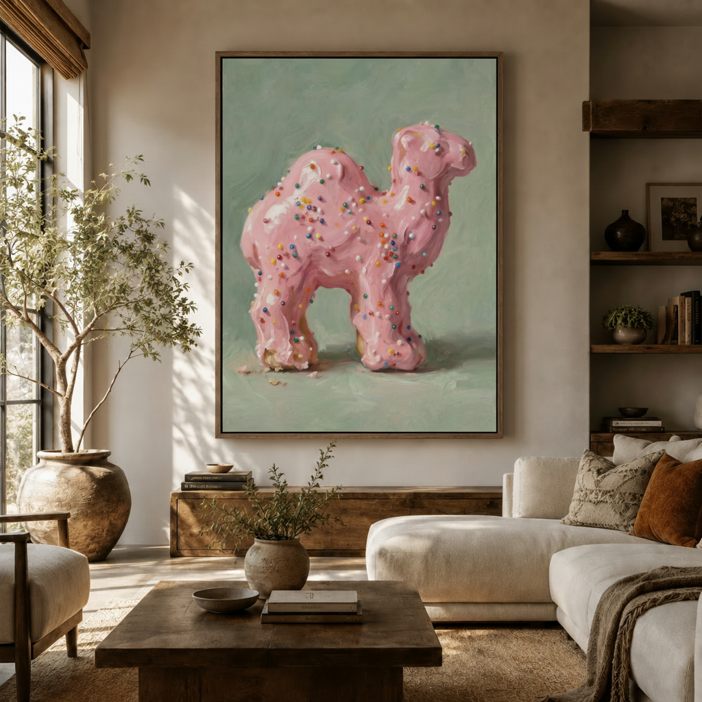 Whimsical pink camel cookie oil painting in dark walnut float frame above living room sofa