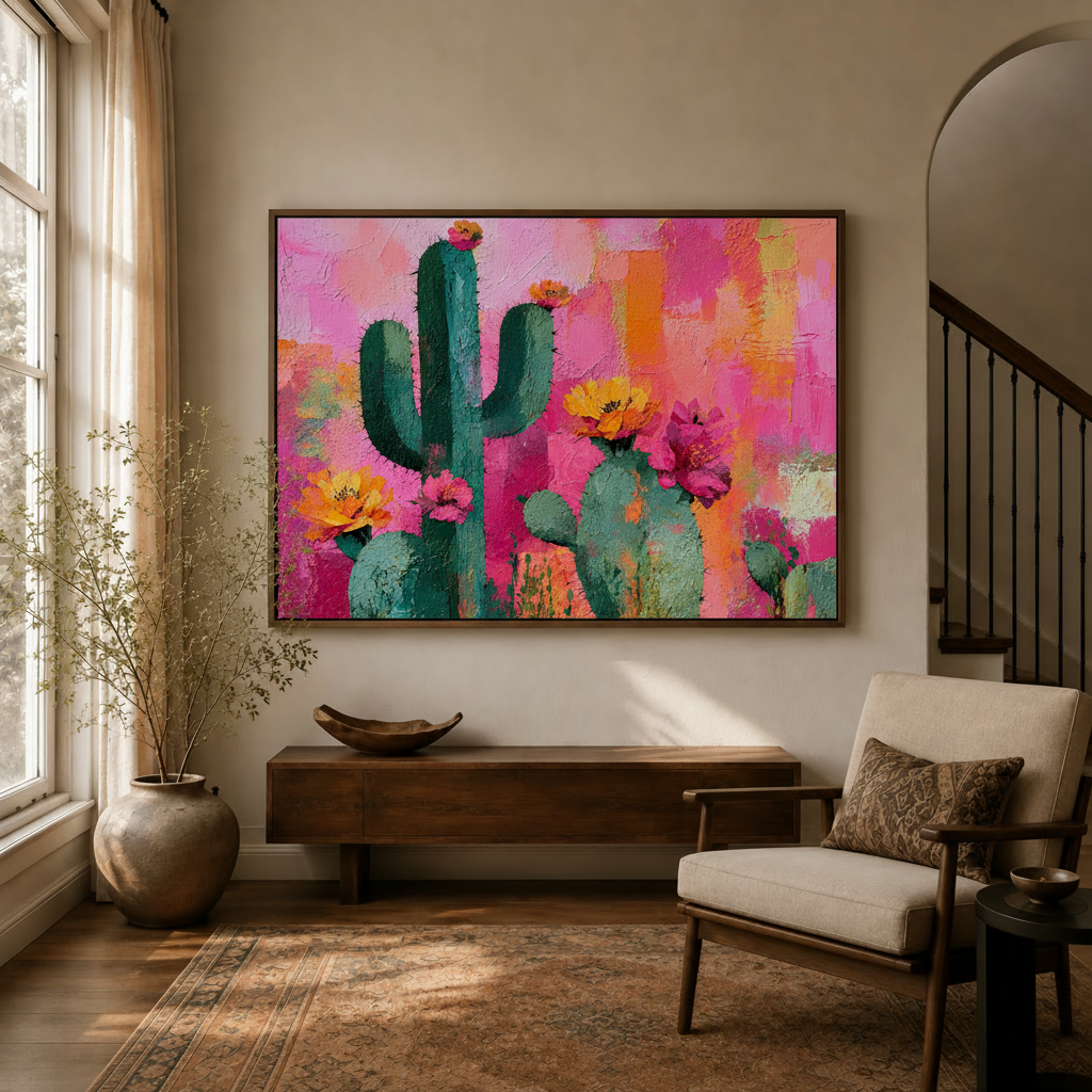 Colorful pink cactus canvas wall art displayed in a warm sunlit living room