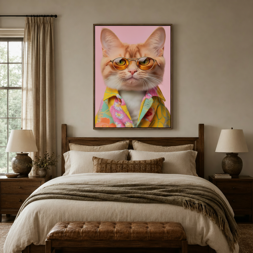 Cool cat canvas wall art in sunglasses displayed above bed in cozy bedroom interior