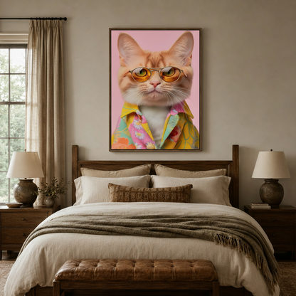 Cool cat canvas wall art in sunglasses displayed above bed in cozy bedroom interior