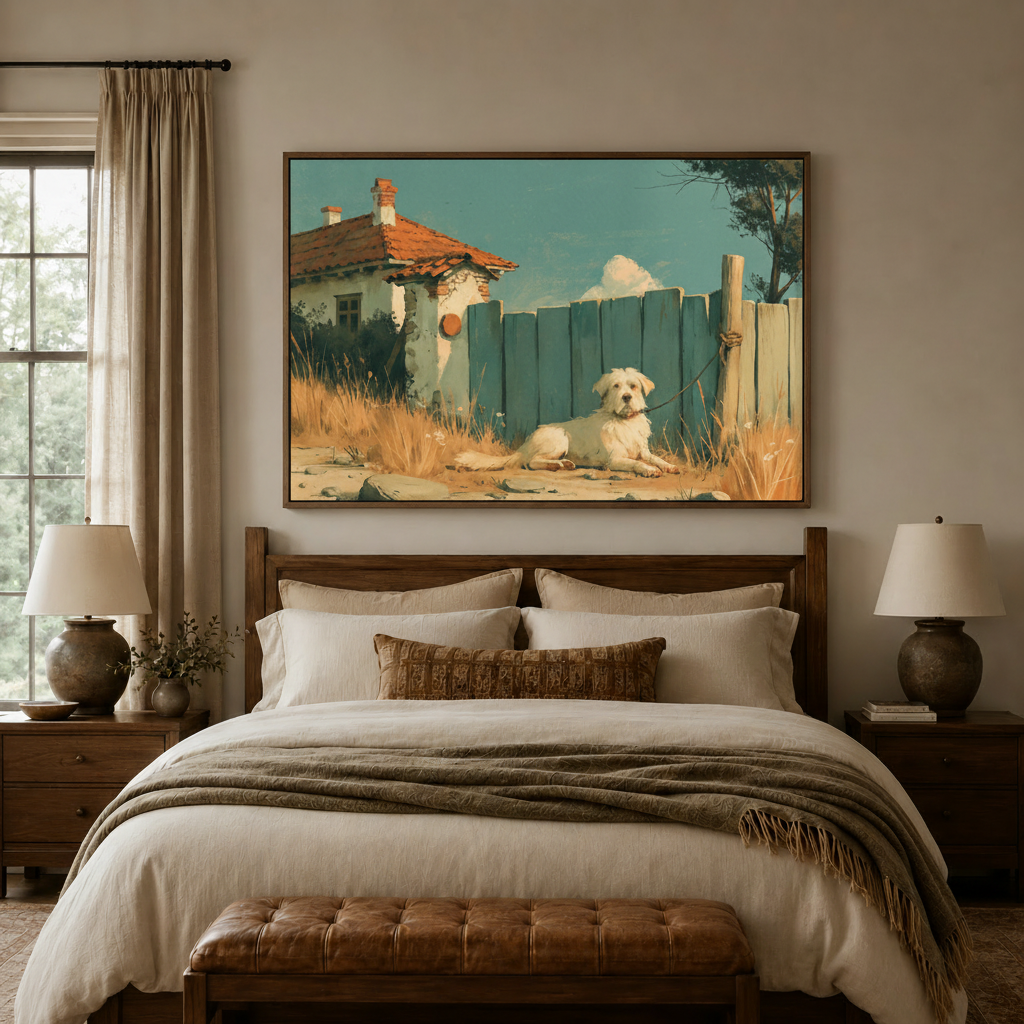 White dog by blue fence vintage canvas wall art displayed above cozy bedroom headboard