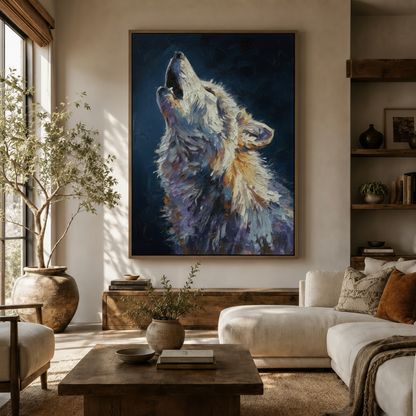 Howling wolf impasto oil painting in dark walnut float frame above living room sideboard
