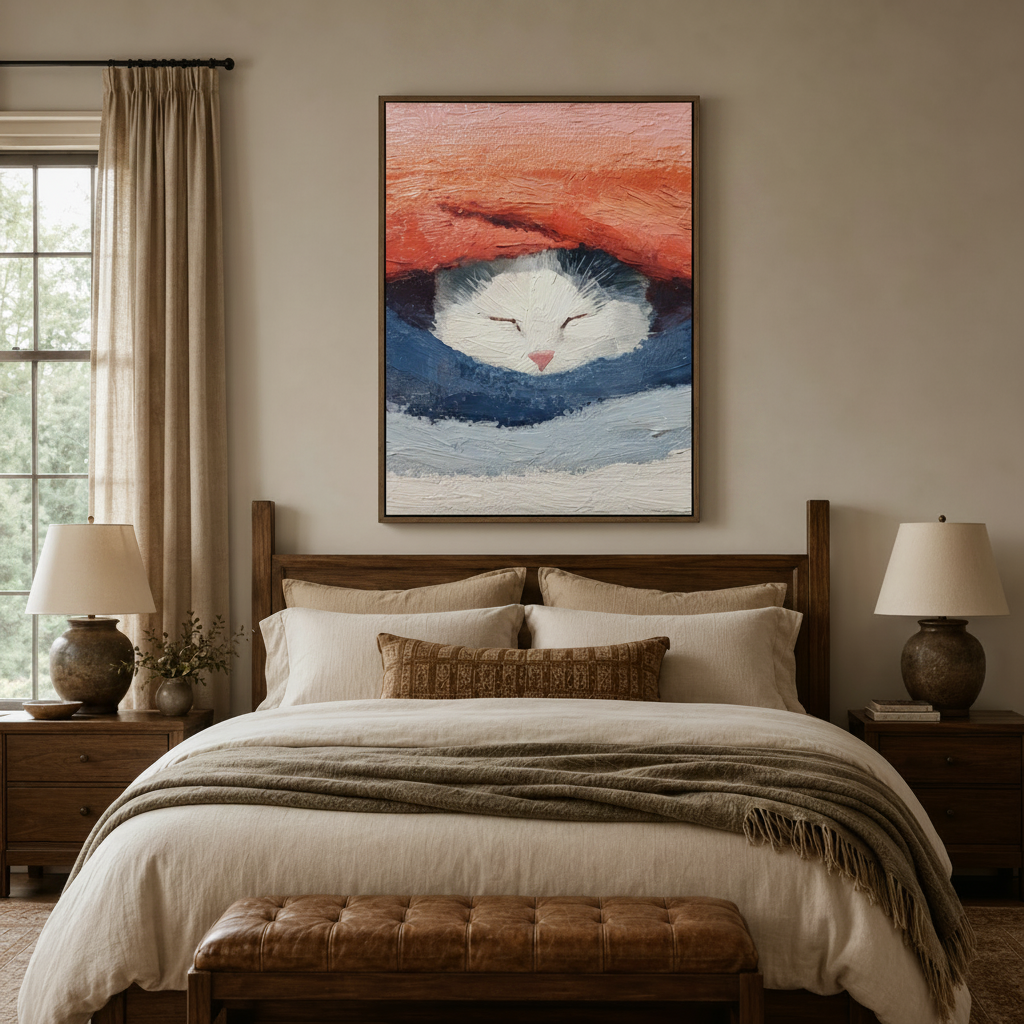 Impasto sleeping cat canvas wall art displayed above a dark walnut bed in a warm neutral bedroom