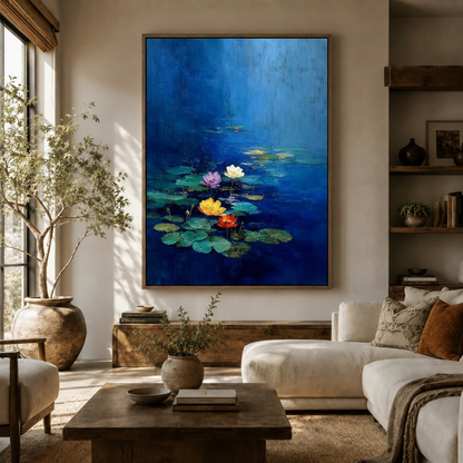 Impressionist water lily oil painting canvas print displayed above white sofa in neutral living room