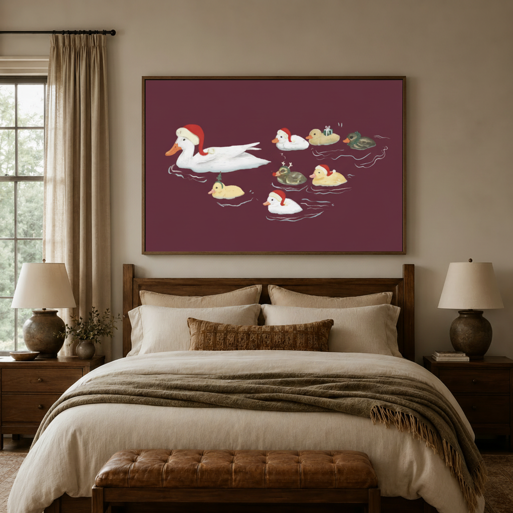Christmas duck family festive canvas wall art in dark walnut float frame above warm bedroom headboard