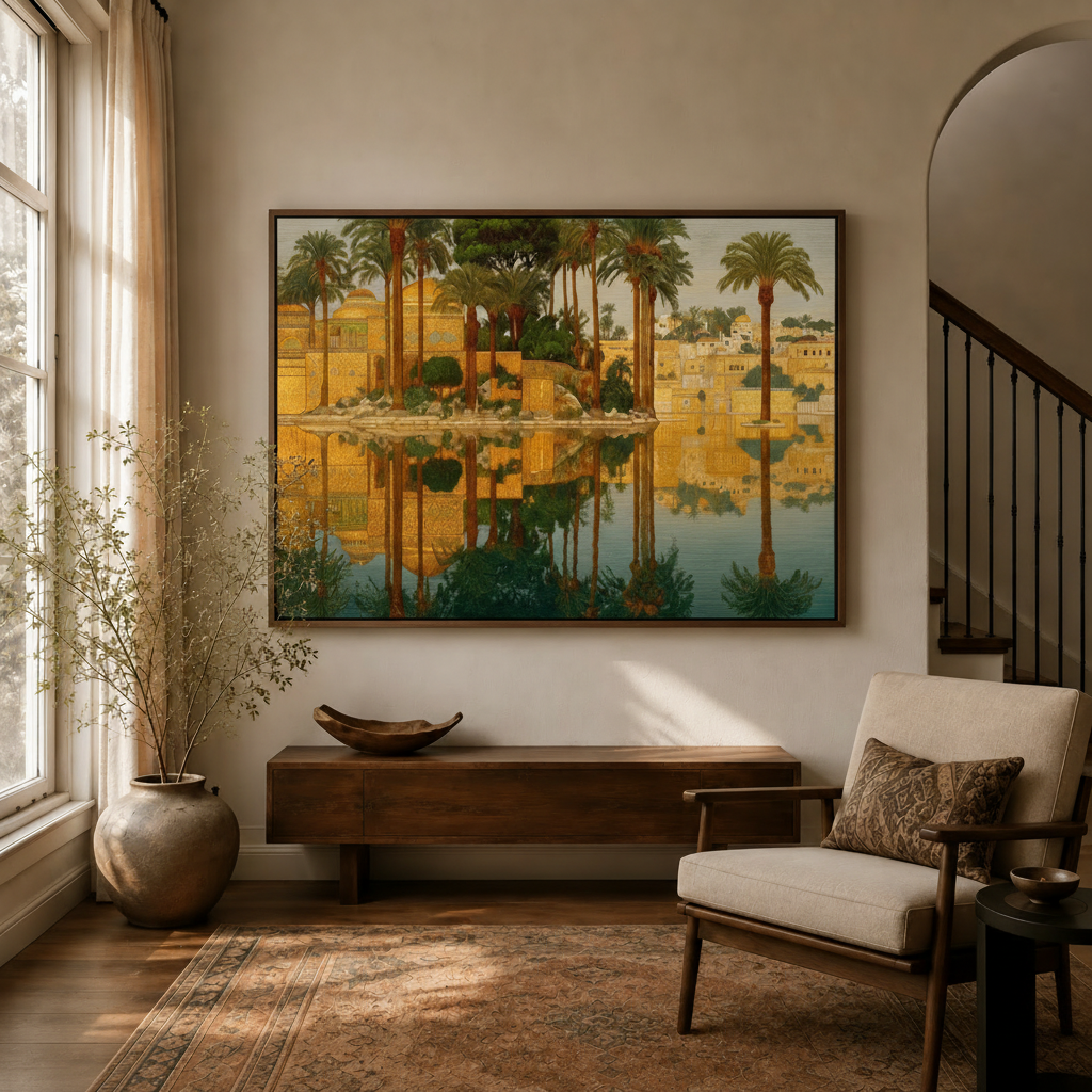 Golden palace framed canvas wall art displayed above console in bright living room entryway
